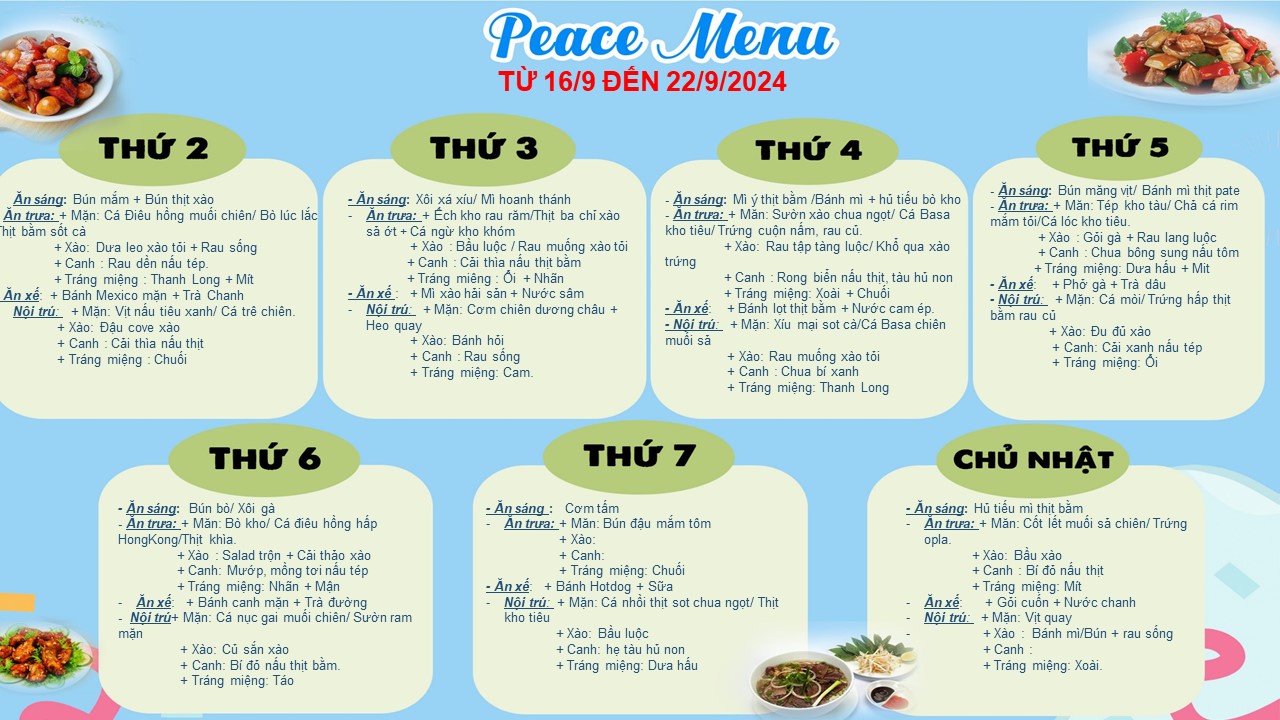 THỰC ĐƠN TUẦN 03 THÁNG 9 (TỪ 16/9/2024 ĐẾN 22/9/2024)