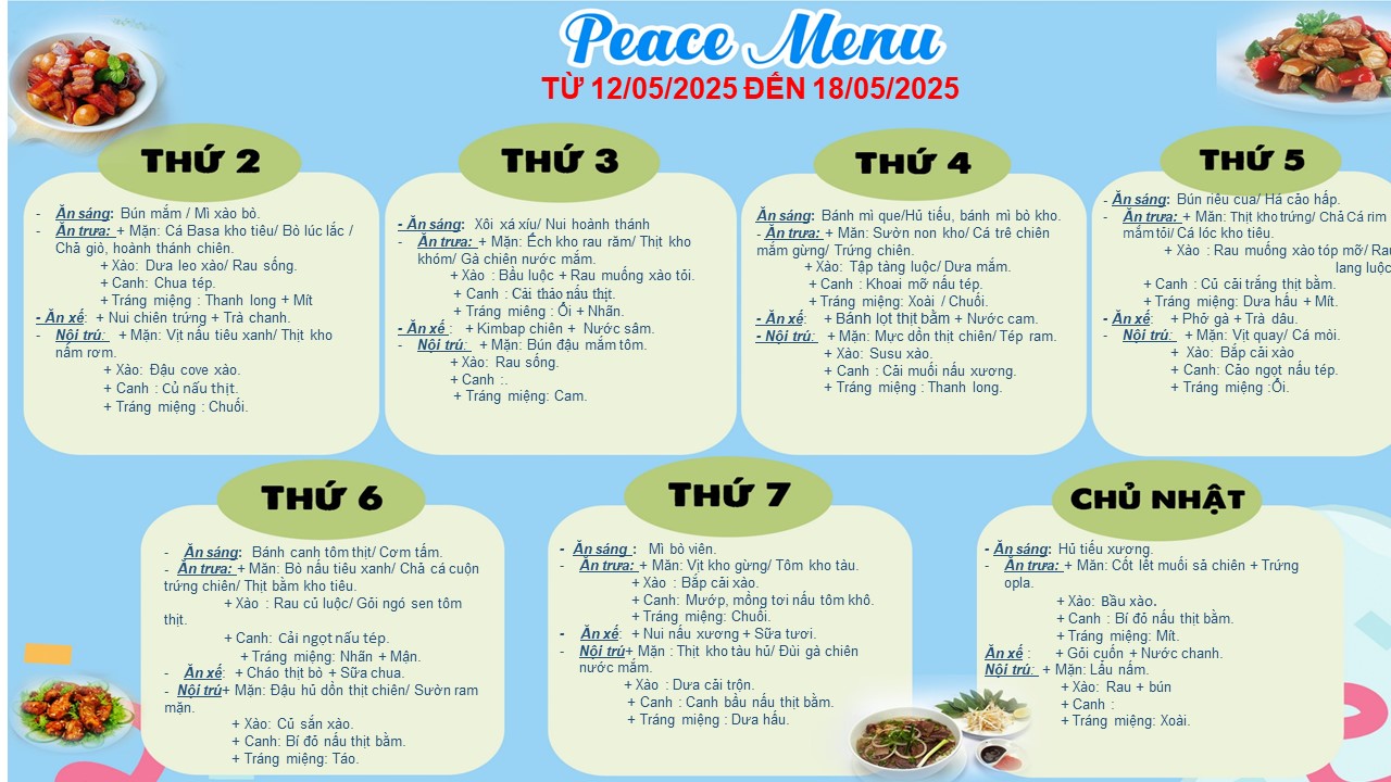 THỰC ĐƠN TUẦN 03 THÁNG 5 (TỪ 12/05/2025 ĐẾN 18/05/2025)