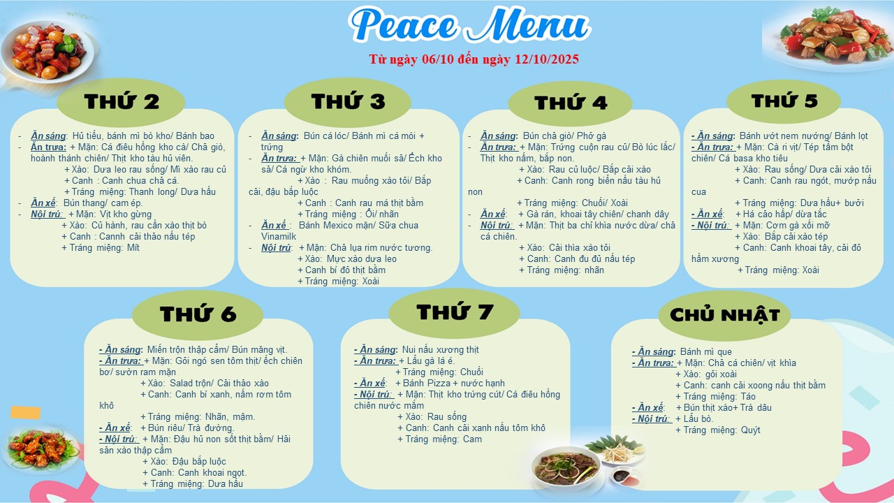 THỰC ĐƠN TUẦN 02 THÁNG 10 (TỪ 06/10 ĐẾN 12/10/2025)