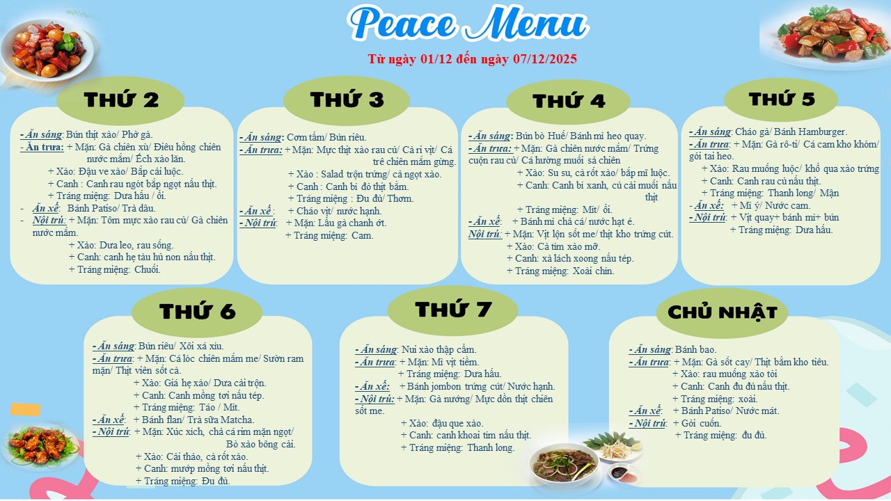 THỰC ĐƠN TUẦN 01 THÁNG 12 (TỪ 01/12 ĐẾN 07/12/2025)