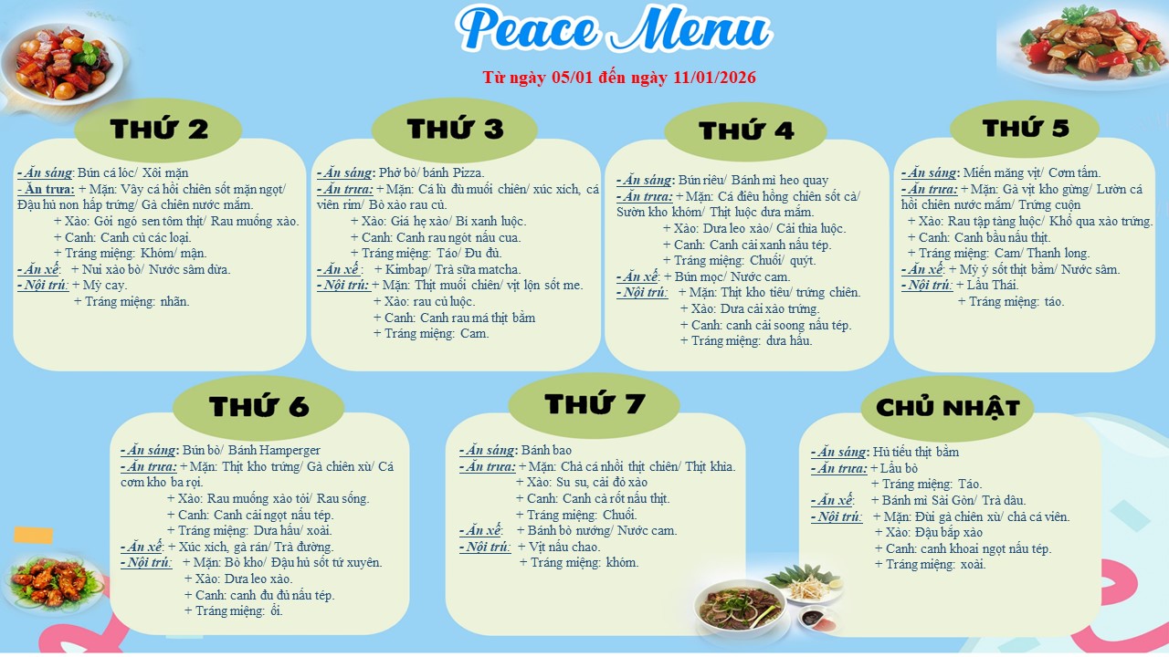 Thực đơn tuần 2 tháng 1 năm 2026