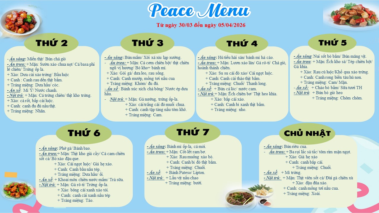 THỰC ĐƠN TUẦN 01 THÁNG 04 (TỪ 30/03 ĐẾN 05/04/2026)